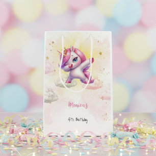 Whimsical magic pink dabbing unicorn kids birthday medium gift bag