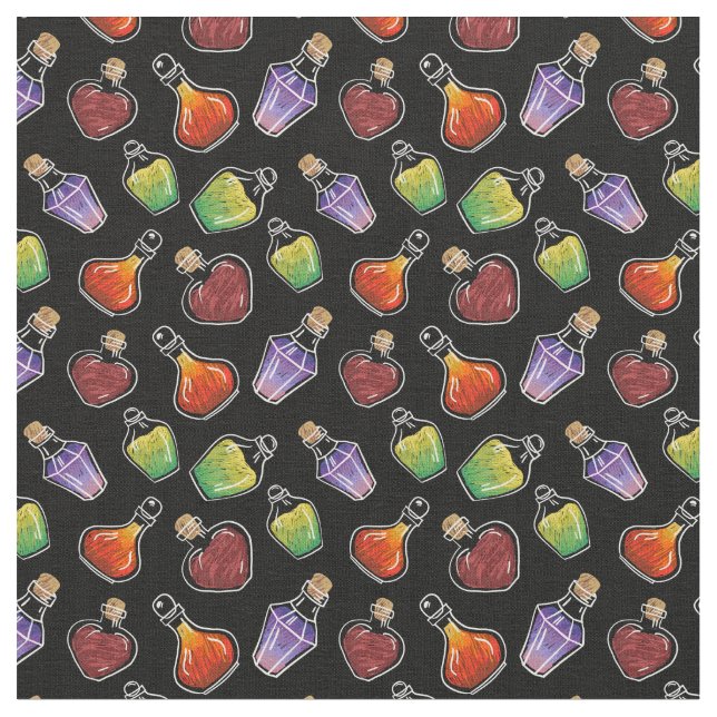 Whimsical Magic Potion Bottles Pattern Fabric (Close Up)