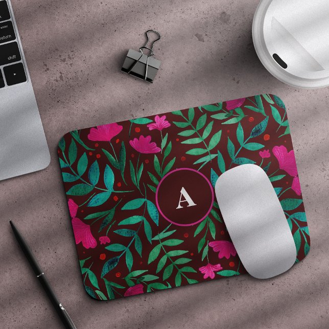 Whimsical magical garden magenta & green monogram mouse pad (Creator Uploaded)
