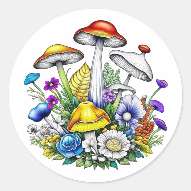 Whimsical Magical Mushrooms and Flowers Classic Round Sticker (Front)