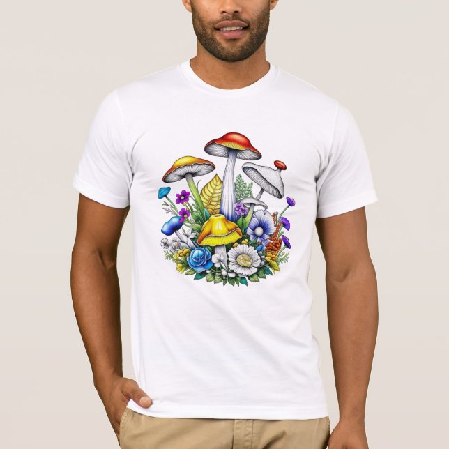 Whimsical Magical Mushrooms and Flowers T-Shirt (Front)