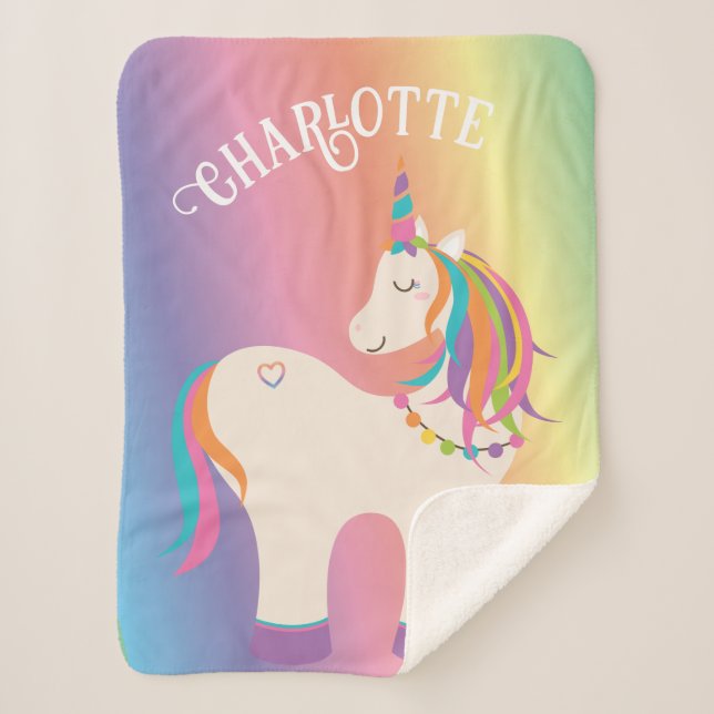 Whimsical Magical Rainbow Unicorn Personalised Sherpa Blanket (Front)