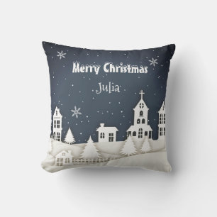 Whimsical Magical Snow Xmas Chic Blue Metal Orname Cushion