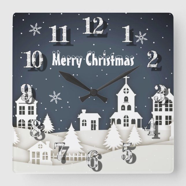 Whimsical Magical Snow Xmas Chic Blue  Square Wall Clock (Front)