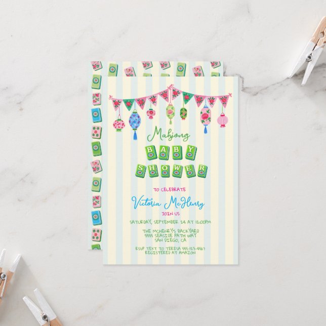 Whimsical Mahjong Baby Shower Invitation (Front/Back In Situ)