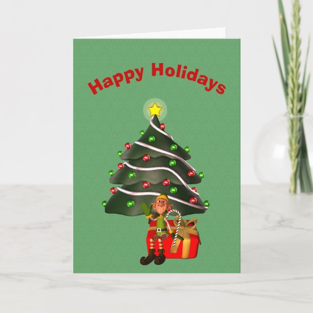 Whimsical Male Elf Tree Present Christmas Card (Front)