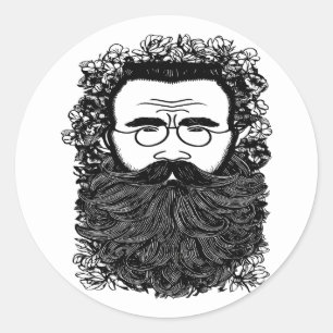 Whimsical Man Beard Moustache Flowers Art Classic Round Sticker