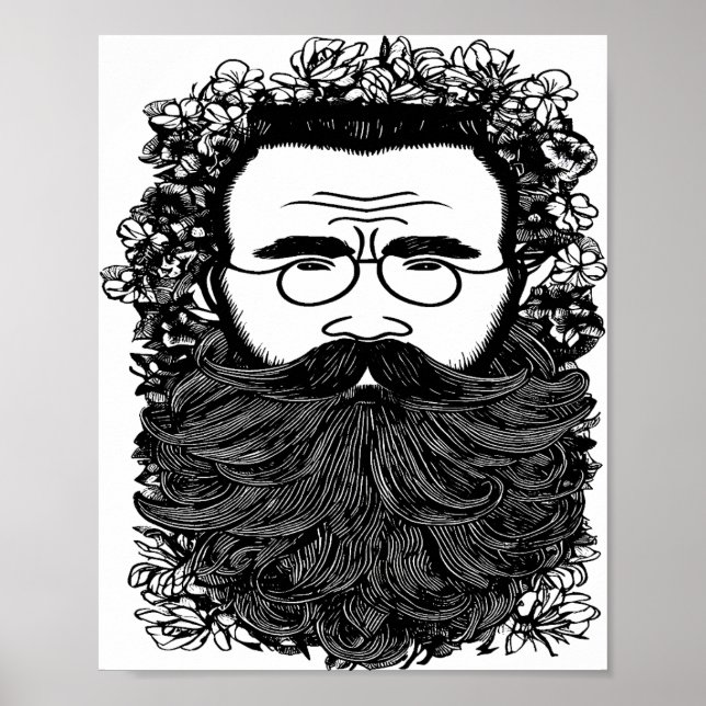 Whimsical Man Beard Moustache Flowers Art Poster (Front)