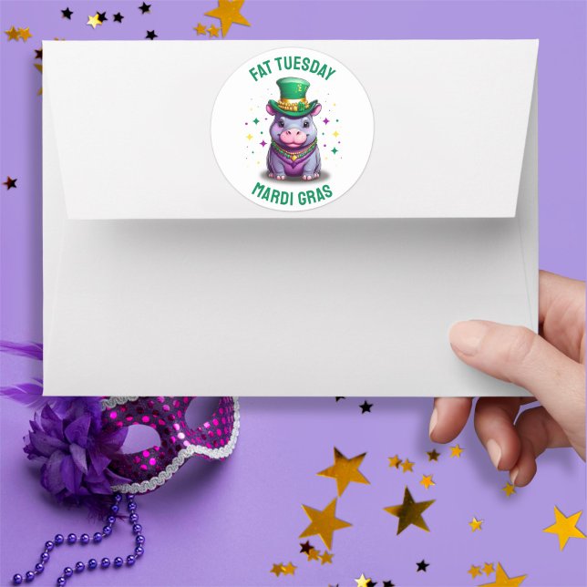 Whimsical Mardi Gras Fat Tuesday Hippo Sticker (Creator Uploaded)