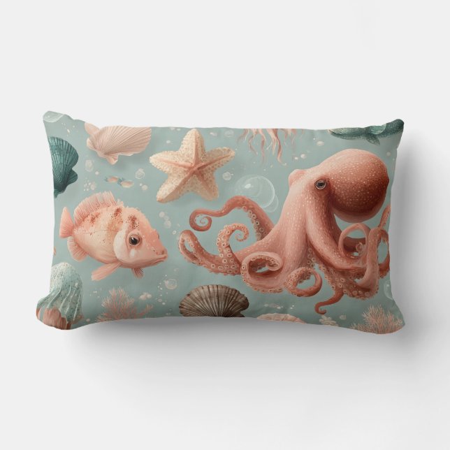Whimsical Marine Life Pattern Lumbar Cushion (Front)