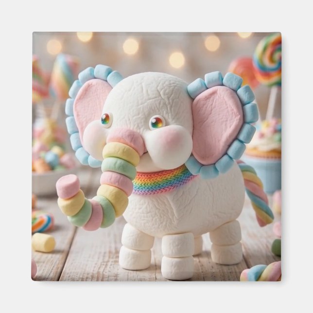 Whimsical Marshmallow Elephant and Pastel Candies Magnet (Front)