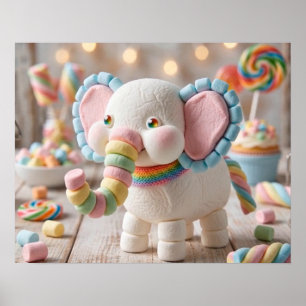 Whimsical Marshmallow Elephant and Pastel Candies Poster