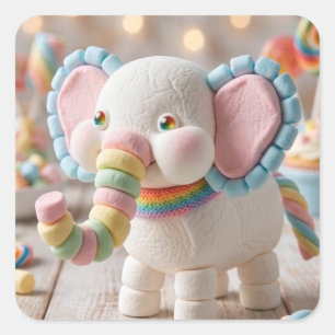 Whimsical Marshmallow Elephant and Pastel Candies Square Sticker