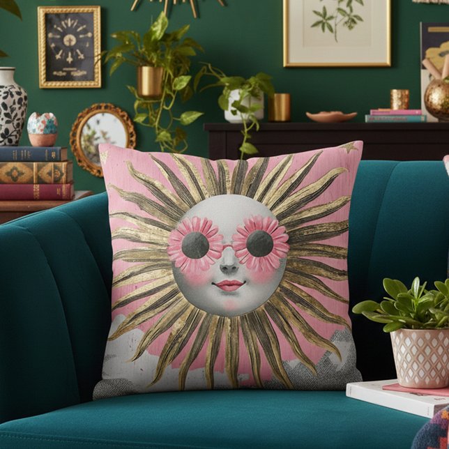 Whimsical Maximalist Celestial Sun Pink Floral Sun Cushion (Creator Uploaded)