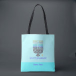 Whimsical Menorah "Happy Hanukkah" Customisable To Tote Bag<br><div class="desc">This Whimsical Menorah "Happy Hanukkah" Customisable Tote Bag features a fun illustration of a candle-laden menorah on light blue background with the words "Happy Hanukkah!" The durable polyester fabric bag comes in two convenient sizes — 16"x16" medium, and 18"x18" large, both lined, with black 28" cotton woven web straps. It's...</div>