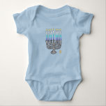 Whimsical menorah on blue baby bodysuit<br><div class="desc">What better way to celebrate baby's first Hanukkah than in this cute light blue baby bodysuit with whimsical fully lit menorah on its front panel. Happy Hanukkah,  baby!</div>