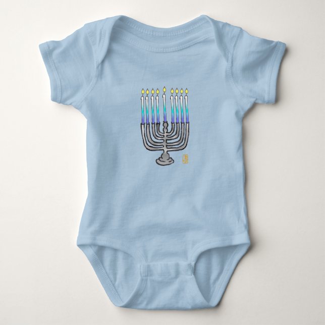 Whimsical menorah on blue baby bodysuit (Front)