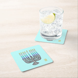 Whimsical Menorah Square Paper Coaster