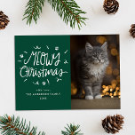 Whimsical Meowy Christmas Green Cat Photo Holiday Card<br><div class="desc">Cat-themed Christmas card featuring "Meowy Christmas" in a white,  whimsical hand-lettering surrounded by paw prints on a green background. Personalise the Meowy Christmas card with your family name,  the year,  and a vertical photo.</div>