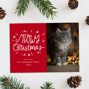 Whimsical Meowy Christmas Red Cat Photo Holiday Card