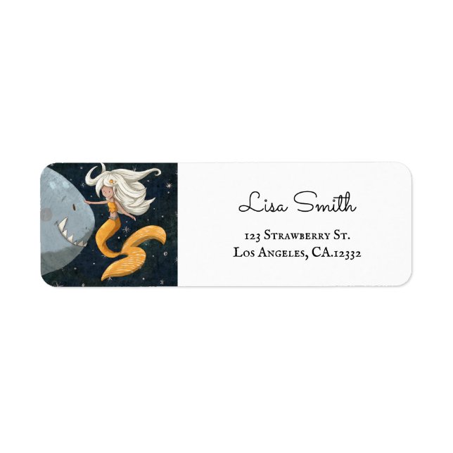 Whimsical Mermaid and Shark Return Address Label (Front)