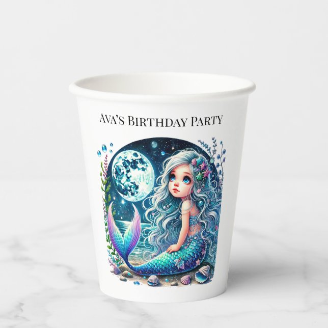 Whimsical Mermaid Girl Birthday Party Paper Cups (Front)