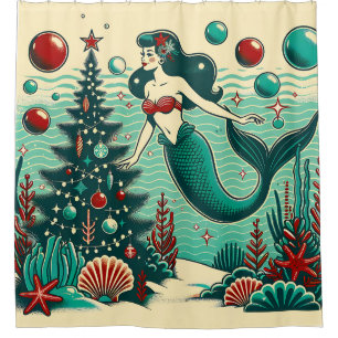 “Whimsical Mermaid Holiday Scene” Shower Curtain