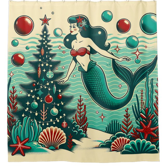 “Whimsical Mermaid Holiday Scene” Shower Curtain (Front)