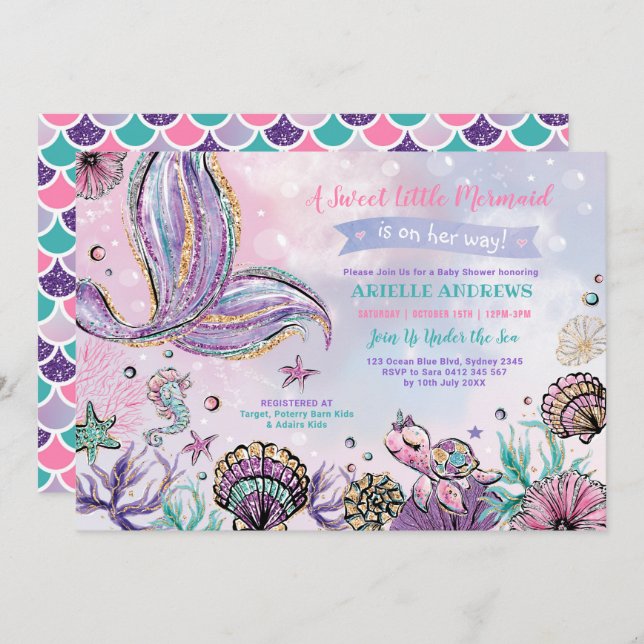 Whimsical Mermaid Pool Party Ocean Sea Baby Shower Invitation (Front/Back)