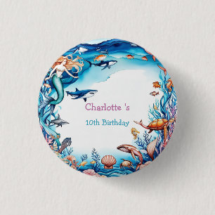 whimsical mermaid rainbow sea birthday party 3 cm round badge