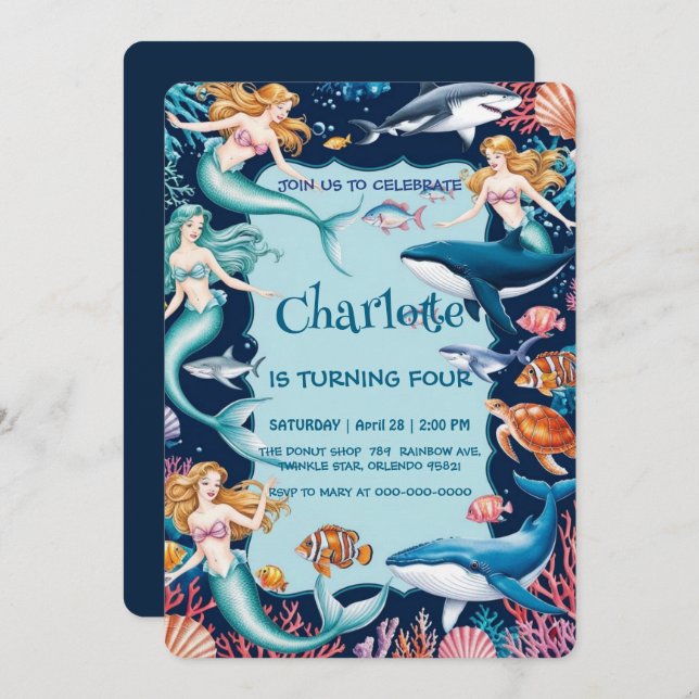  whimsical mermaid rainbow sea birthday party  invitation (Front/Back)