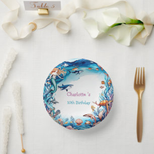 whimsical mermaid rainbow sea birthday party paper plate