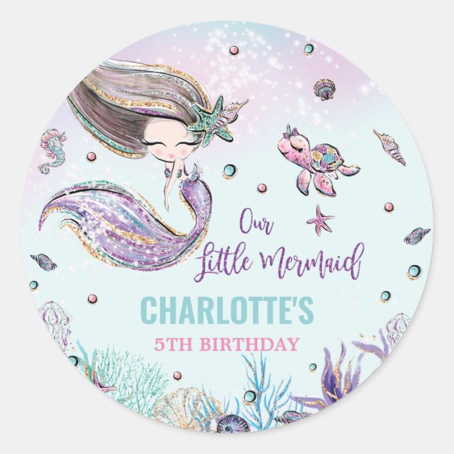 Whimsical Mermaid Under the Sea Birthday Party Classic Round Sticker (Front)