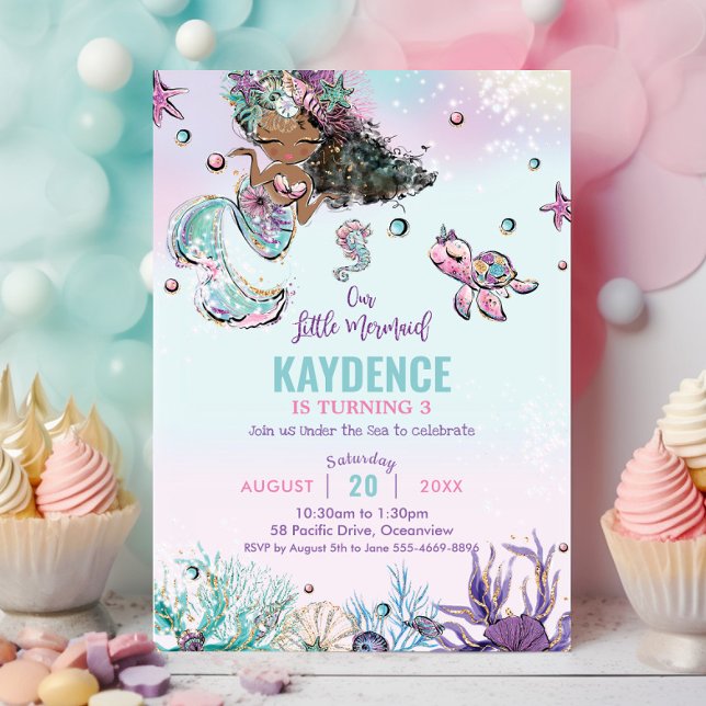 Whimsical Mermaid Under the Sea Birthday Party Invitation (whimsical-cute-brown-black-african-mermaid-under-the-sea-birthday-invitation-card-printed)
