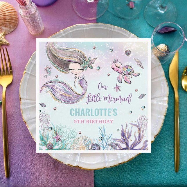Whimsical Mermaid Under the Sea Birthday Party Napkin (cute brunette mermaid sea turtle shells corals under the sea pool birthday party paper napkins )