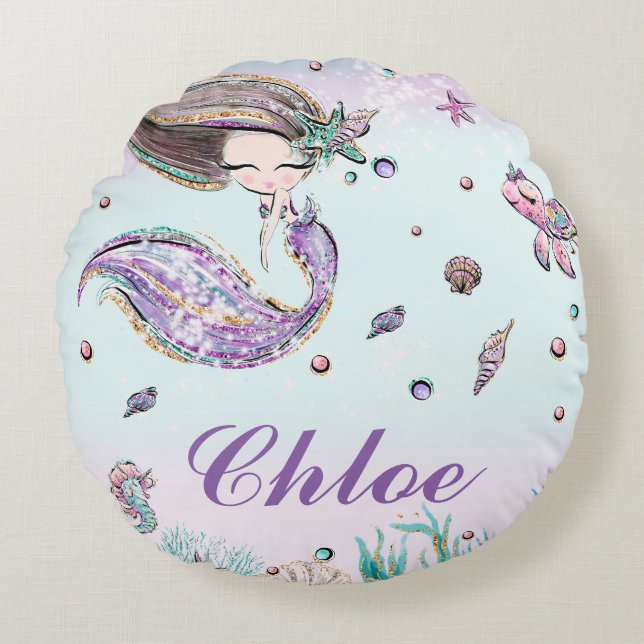 Whimsical Mermaid Under the Sea Chic Girl Bedroom Round Cushion (Front)