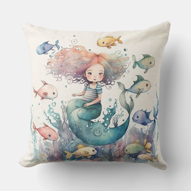 Whimsical Mermaid Under the Sea Fishes Watercolor Cushion (Front)