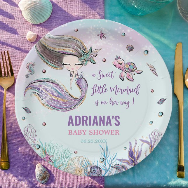 Whimsical Mermaid Under the Sea Girl Baby Shower Paper Plate (chic cute little mermaid under the sea turtle coral shells turquoise baby shower round paper plates)