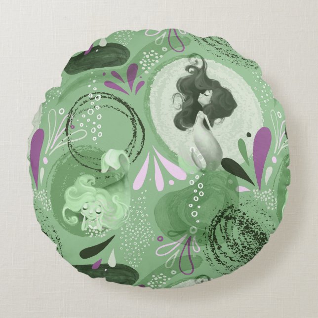 Whimsical Mermaids Green Abstract Print Round Cushion (Front)