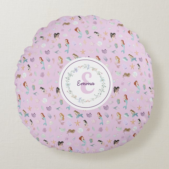 Whimsical Mermaids Monogram Round Cushion (Front)