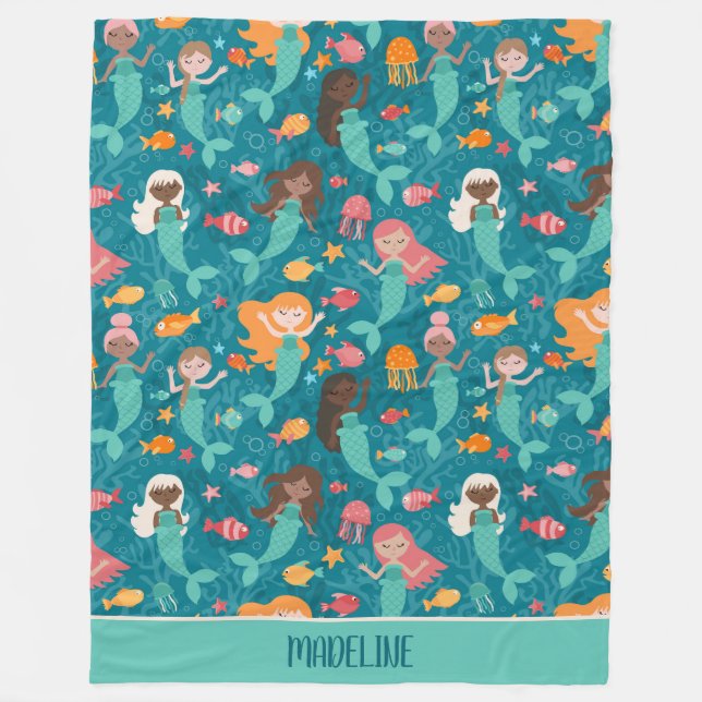 Whimsical Mermaids Under The Sea Teal Fleece Blanket (Front)