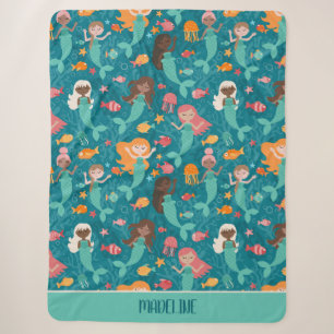 Whimsical Mermaids Under The Sea Teal Sherpa Blanket