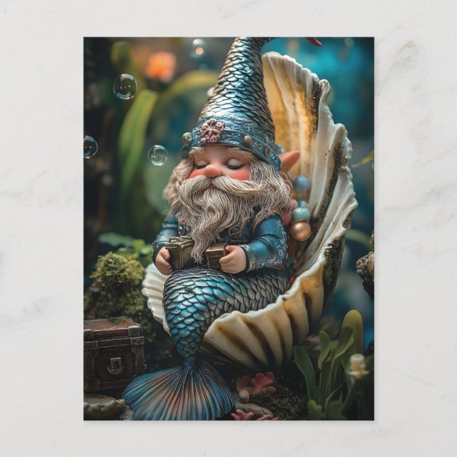 Whimsical Merman Gnome Figurine in Seashell - Unde Holiday Postcard (Front)