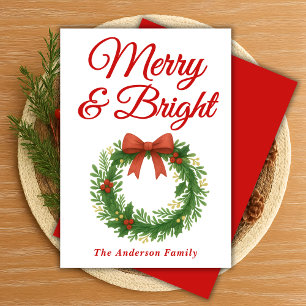 Whimsical Merry and Bright Christmas Wreath Holiday Card