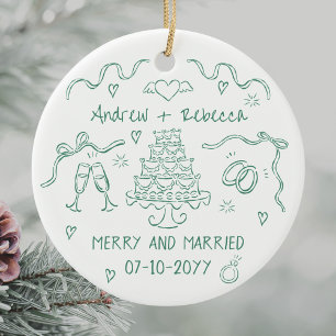 Whimsical merry and married handdrawn bow doodle ceramic tree decoration