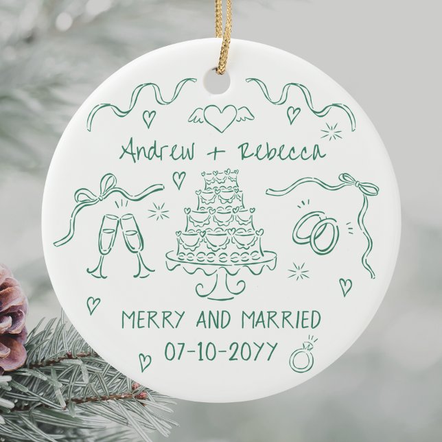 Whimsical merry and married handdrawn bow doodle ceramic tree decoration (Creator Uploaded)