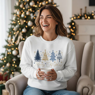 Whimsical Merry Christmas Festive Trees Blue Gold Sweatshirt