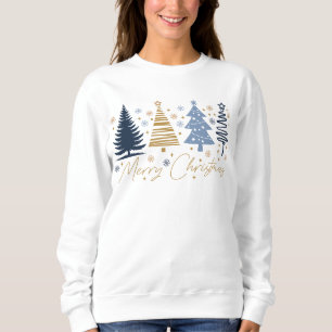 Whimsical Merry Christmas Festive Trees Blue Gold Sweatshirt