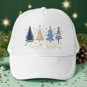 Whimsical Merry Christmas Festive Trees Blue Gold Trucker Hat