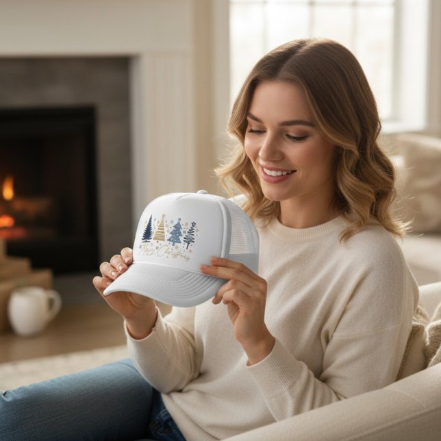 Whimsical Merry Christmas Festive Trees Blue Gold Trucker Hat (Creator Uploaded)